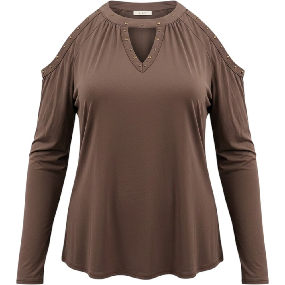 Maurices Women Brown Cold Shoulder Studded Keyhole Long Sleeve Top Plus Size 3